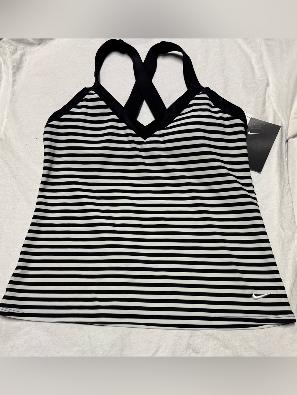 Nike Women’s Black and White Striped Swim Tankini Top